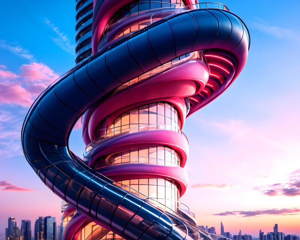 Futuristic Twisting Skyscraper in Pink and Silver