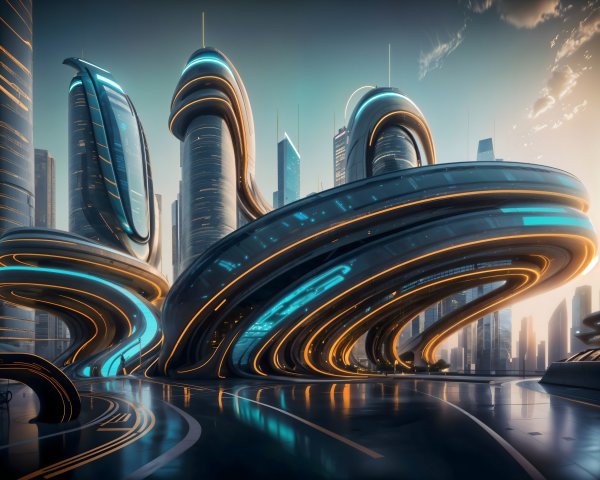 Futuristic cityscape with sleek architecture and lighting