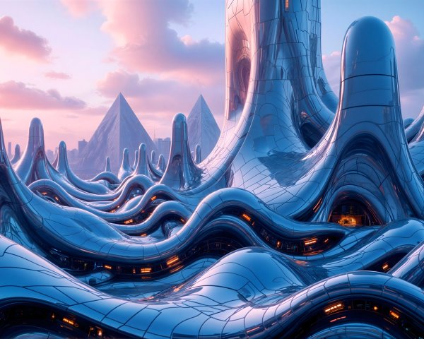 Futuristic landscape with metallic structures and pyramids