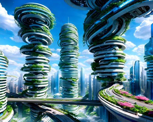 Futuristic cityscape with spiraling towers and greenery