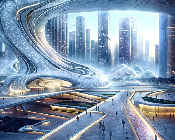 Futuristic Cityscape with Organic Architecture and Greenery