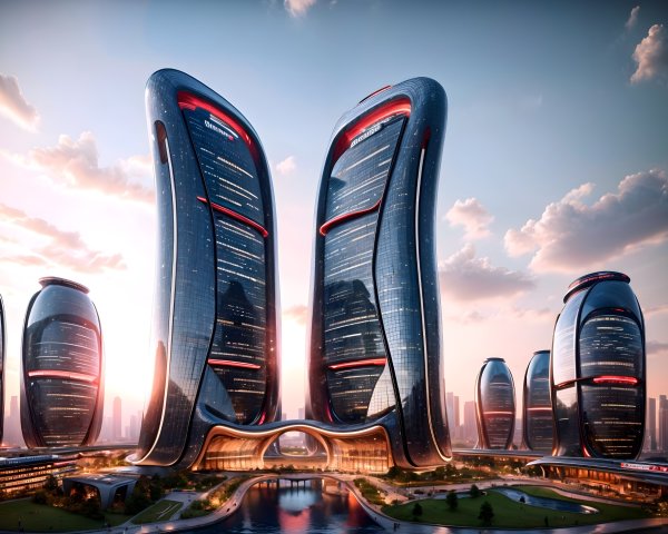 Futuristic Cityscape with Skyscrapers and Waterway