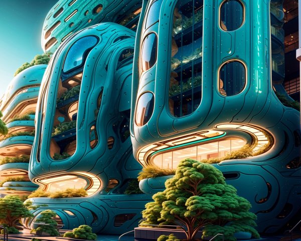 Futuristic Architecture with Curvilinear Shapes and Greenery