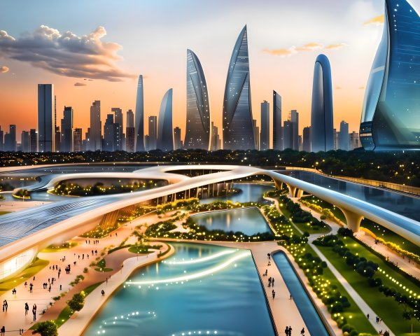 Futuristic cityscape at sunset with unique skyscrapers