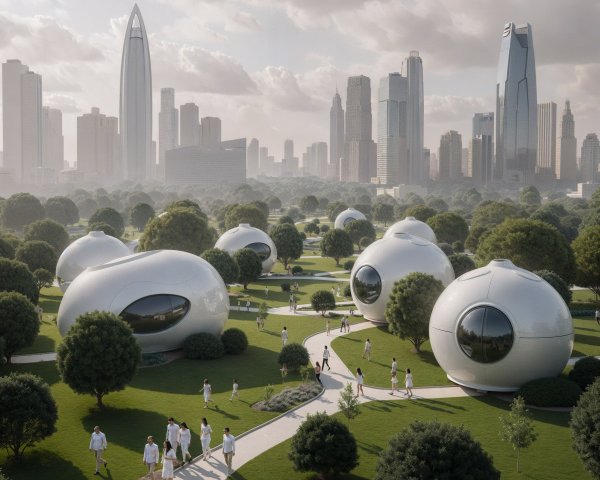 Futuristic Urban Landscape with Green Parks and Skyscrapers
