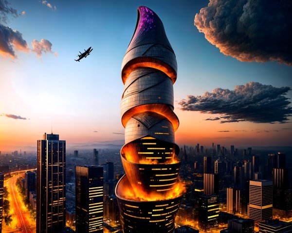 Futuristic Skyscraper with Twisted Design at Sunset