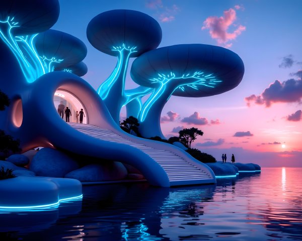 Futuristic Structure with Organic Shapes by Water