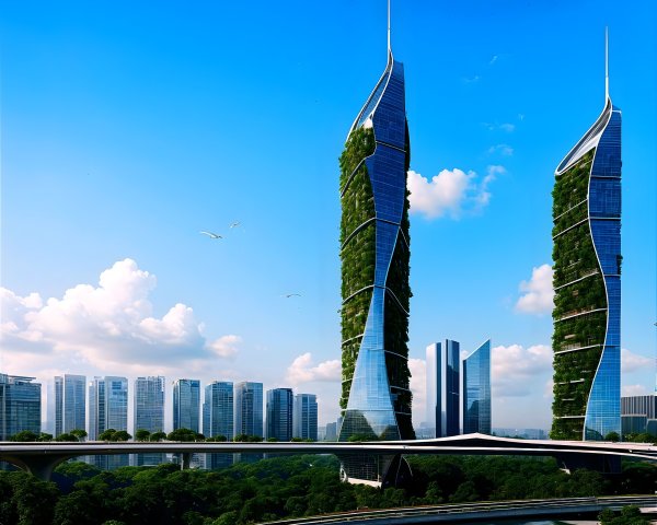 Futuristic Skyscrapers with Vertical Gardens and Water Reflections