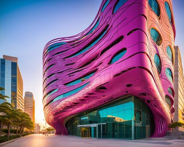 Modern Building with Wavy Pink Façade and Palm Trees