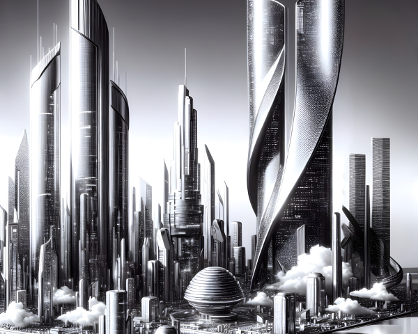 Futuristic cityscape with sleek skyscrapers and dome
