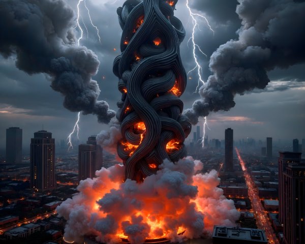 Abstract Structure Amid Stormy Sky and Flames