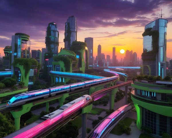 Futuristic Cityscape at Sunset with Modern Architecture
