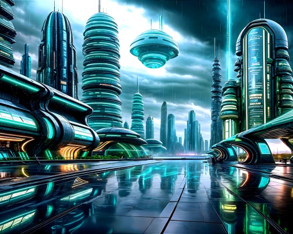 Futuristic Dystopian City with Neon Lights and Rain