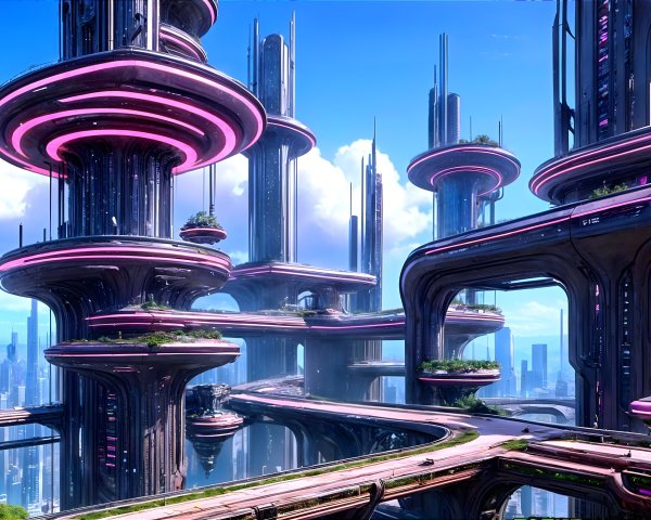 Futuristic cityscape with multi-tiered structures and greenery