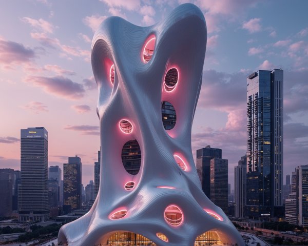Futuristic Skyscraper in Vibrant Urban Dusk Scene