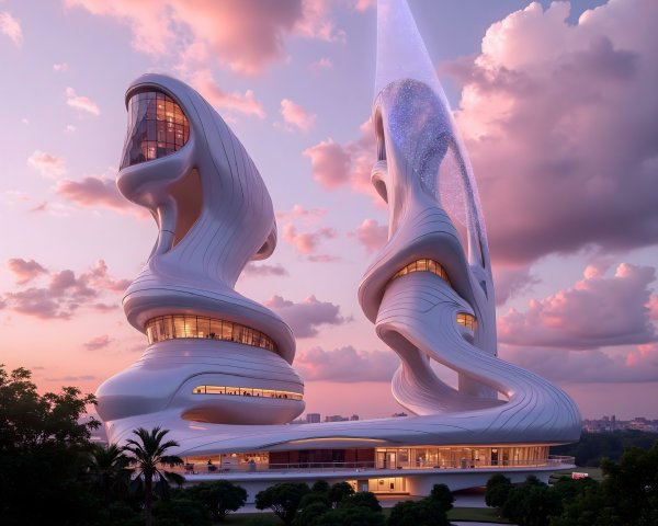 Modern Architectural Marvel with Organic Shapes and Glossy Facade