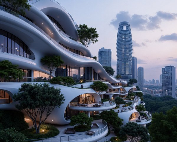 Futuristic Architectural Design with Curved Green Terraces