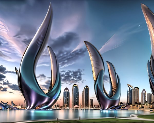 Futuristic Skyline with Sail-Like Structures and Water