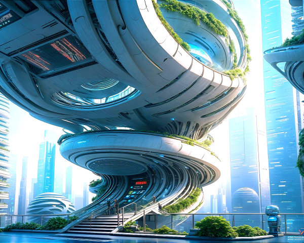 Futuristic Architectural Structure with Greenery and Curves
