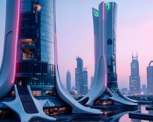 Futuristic Skyscrapers with Curvilinear Designs at Twilight