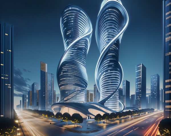 Modern Skyscrapers with Twisting Design and Twilight Sky
