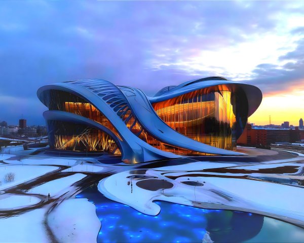 Futuristic Glass-and-Steel Building in Winter Landscape