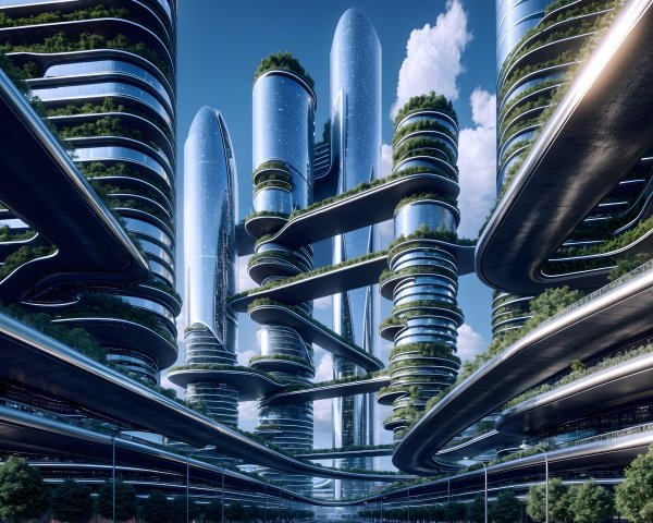 Futuristic cityscape with skyscrapers and greenery