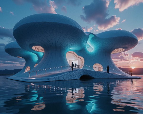 Futuristic Mushroom-Like Structure on Calm Water