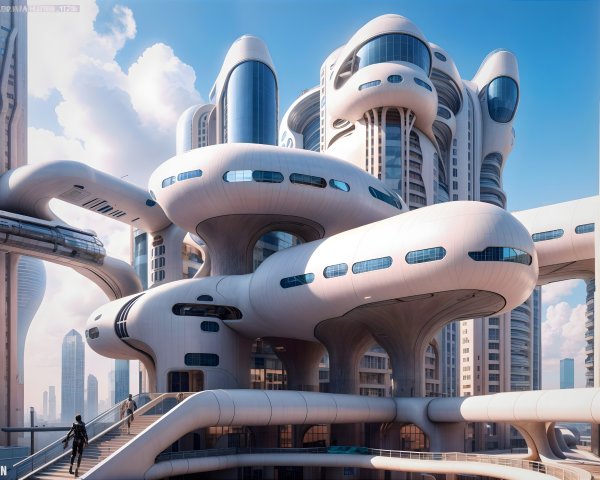 Futuristic cityscape with organic architecture and walkways