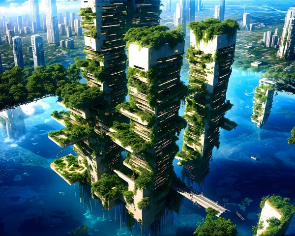 Futuristic cityscape with skyscrapers and greenery