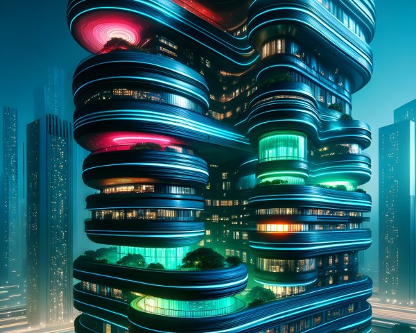Futuristic Building with Neon Lights and Green Terraces