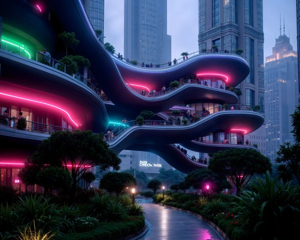Futuristic Urban Scene with Neon Lights and Greenery