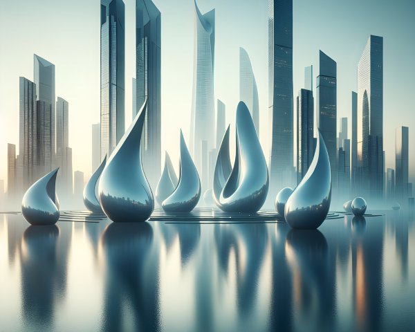 Futuristic city skyline with teardrop sculptures and water