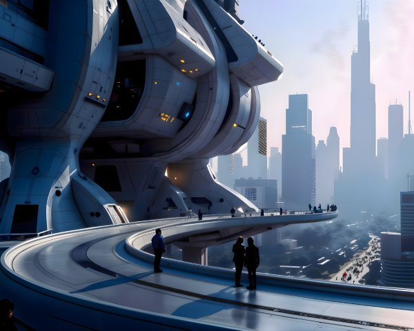 Futuristic Cityscape with Modular Architecture and Walkways