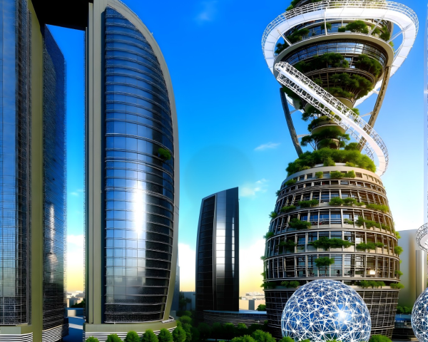 Futuristic cityscape with unique skyscrapers and greenery