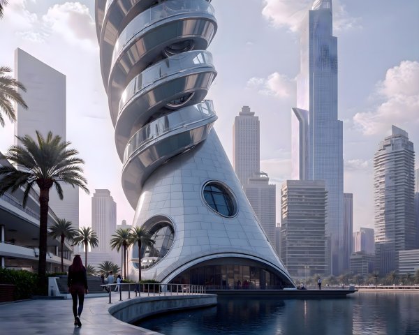 Futuristic Spiral Building in Modern Cityscape