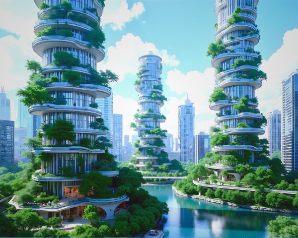Futuristic Skyscrapers with Spiral Designs and Greenery