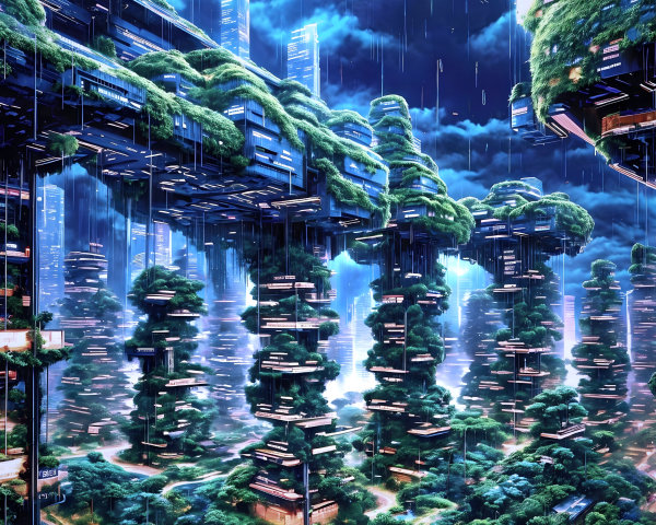 Futuristic landscape with floating platforms and greenery