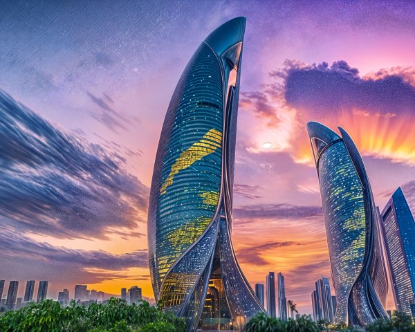 Futuristic Skyline with Curved Skyscrapers at Sunset