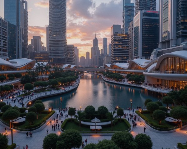 Vibrant Urban Landscape at Dusk with City Skyline