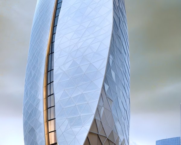 Futuristic Skyscraper with Sleek Leaf-Like Design
