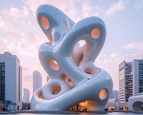 Futuristic structure with organic shapes against pastel sky