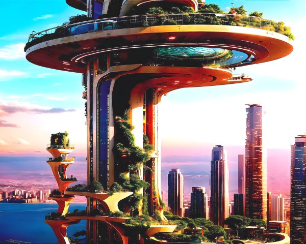Futuristic Skyscraper with Greenery and Sunset Views