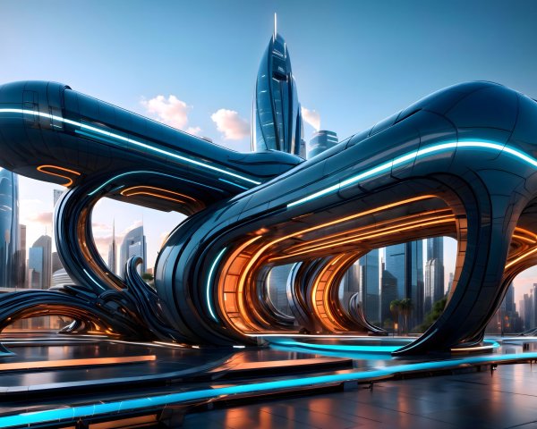 Futuristic cityscape with sleek structures and neon accents