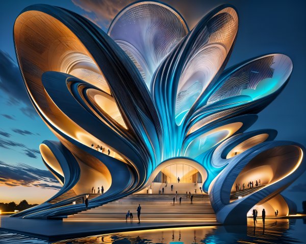 Futuristic Flower-Shaped Building with Vibrant Lighting