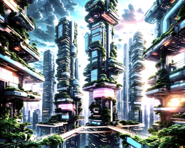 Futuristic cityscape with vibrant colors and greenery