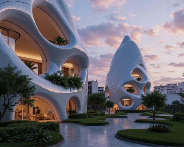 Futuristic Architecture with Organic Shapes at Dusk
