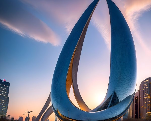 Modern sculpture of reflective teardrops at sunset