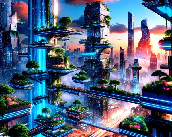 Futuristic cityscape with greenery and neon lights