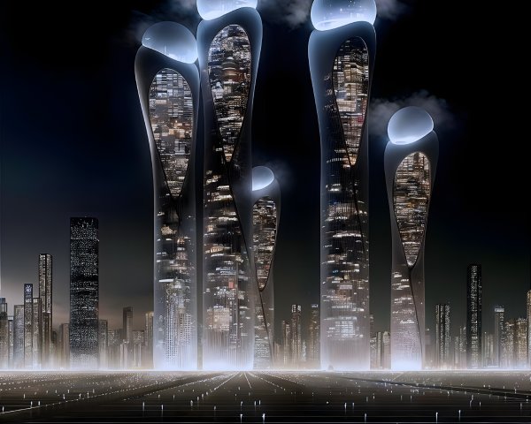 Futuristic Nighttime Cityscape with Sculptural Skyscrapers